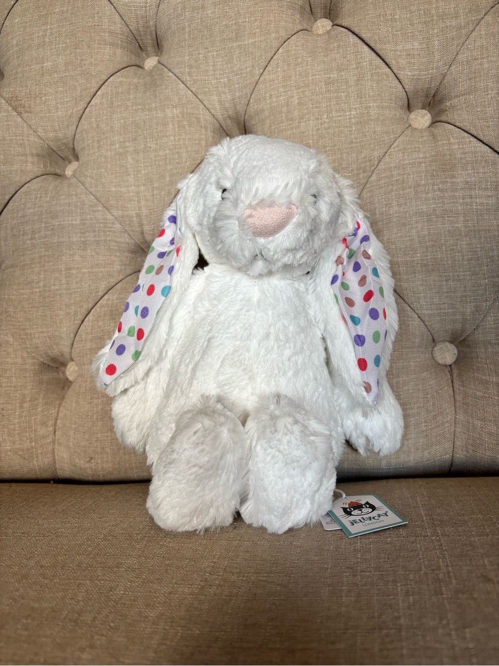 Jellycat White Bunny with Multicolor Polka Dot Ears